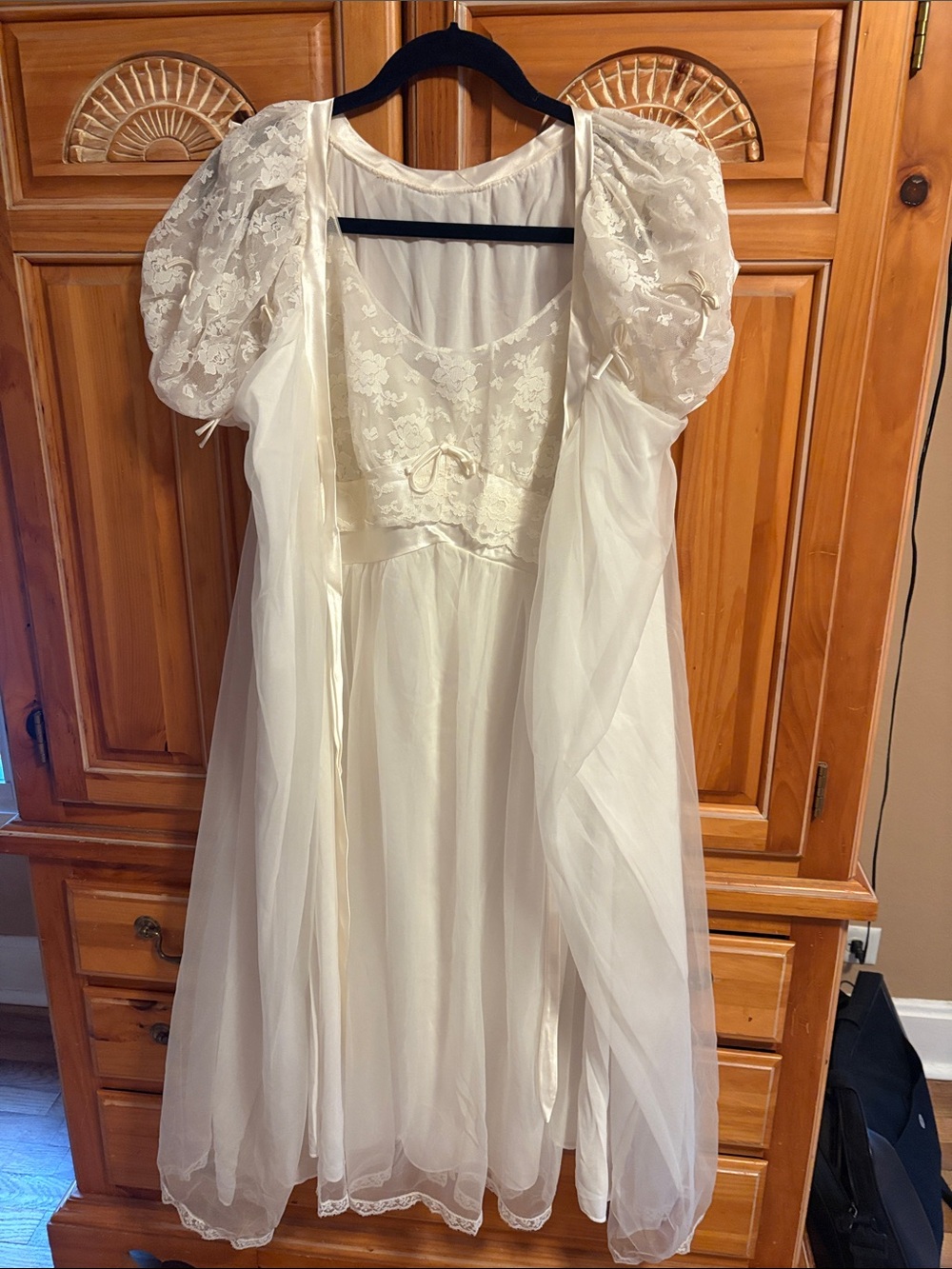 Ivory Lace Puff-Sleeve Nightgown with Sheer Overlay - Brand
